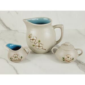 The Pigeon Forge Pottery Dogwood Floral Pitcher Jug Creamer Sugar Bowl x3 Vtg